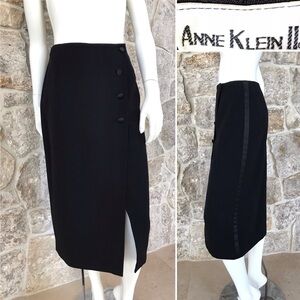 Vintage 1990s Anne Klein II Black Tuxedo Stripe Wrap Front Skirt Classic Elegant